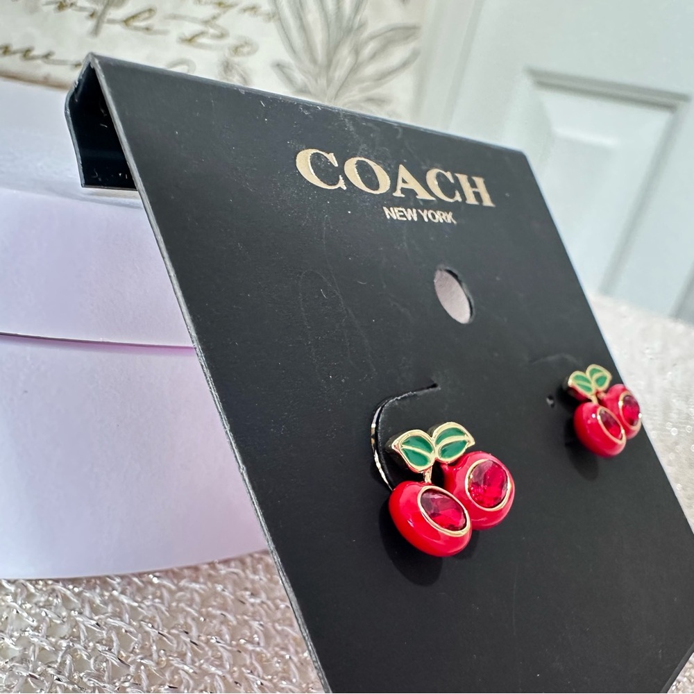 Coach Cherry Stud Earrings in Goldtone with Red and Green Enamel Accents - Picture 4 of 9